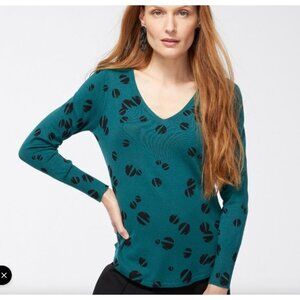 Chicos Womens Sweater Sz L Spun Rayon Dots V-Neck Teal Long-Slv Soft City Artsy